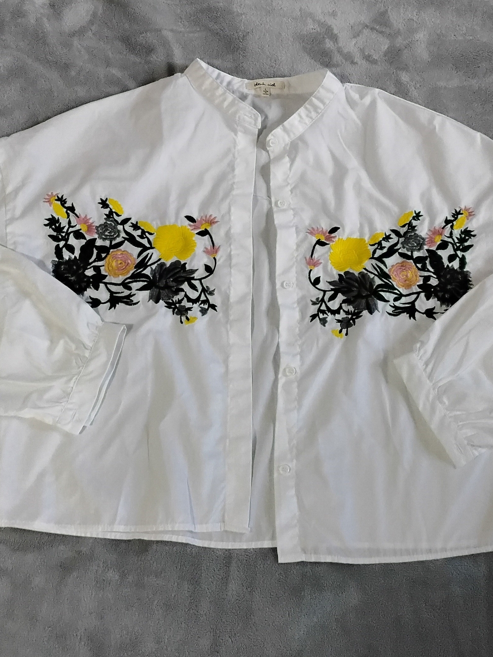 White Embroidered Floral Button-Front Top